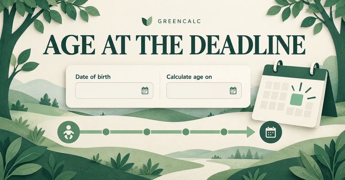 Age at the deadline Illustrated age-calculator date fields beside a highlighted deadline calendar and timeline.