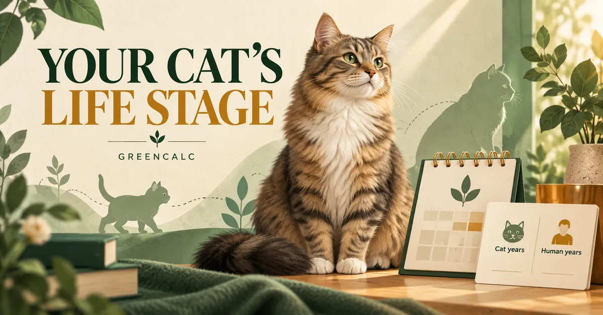 Your cat’s life stage An adult cat beside a calendar, kitten and older-cat silhouettes, and a cat-to-human age card.