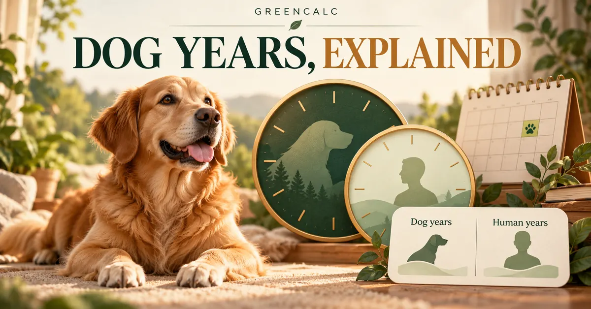 Dog years, explained A dog beside symbolic dog and human clock faces and an age-comparison card.