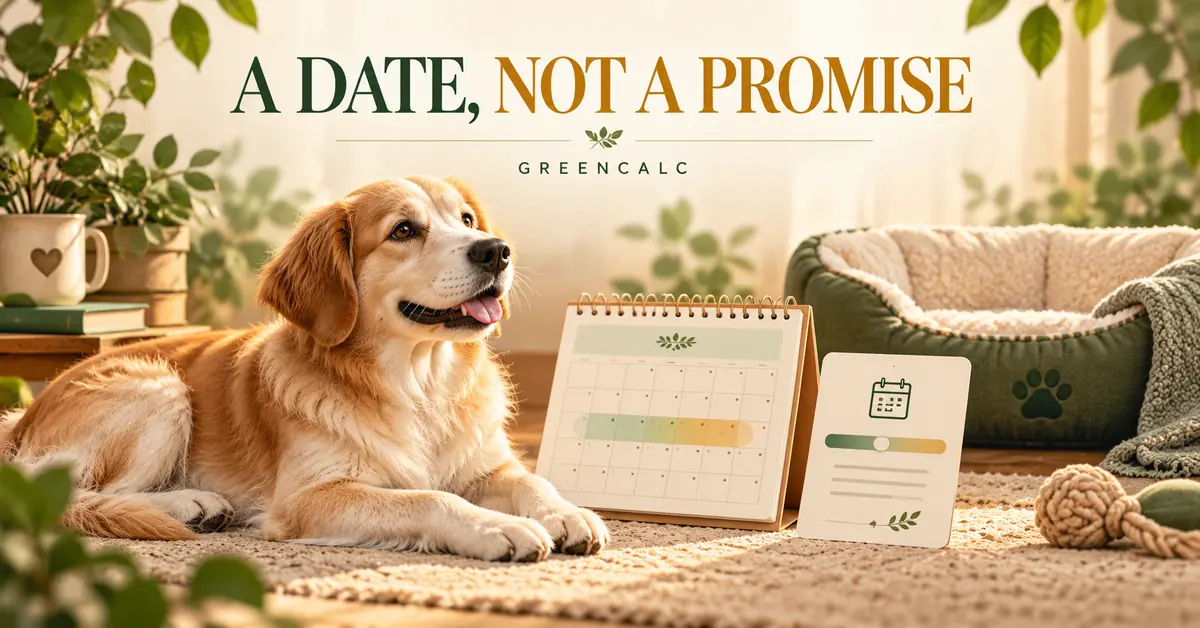 A date, not a promise A calm dog beside a calendar, date-estimate card and empty dog bed.