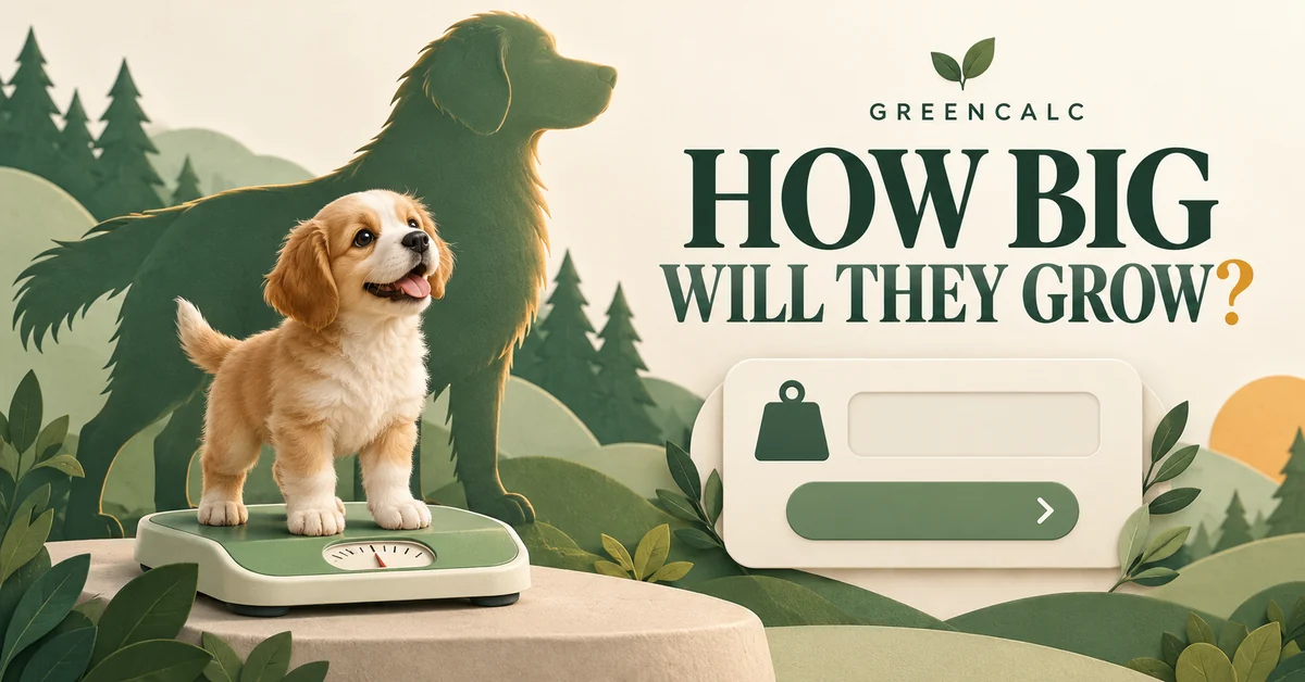 A puppy on a weighing scale with an adult-dog silhouette and a simple calculator card.