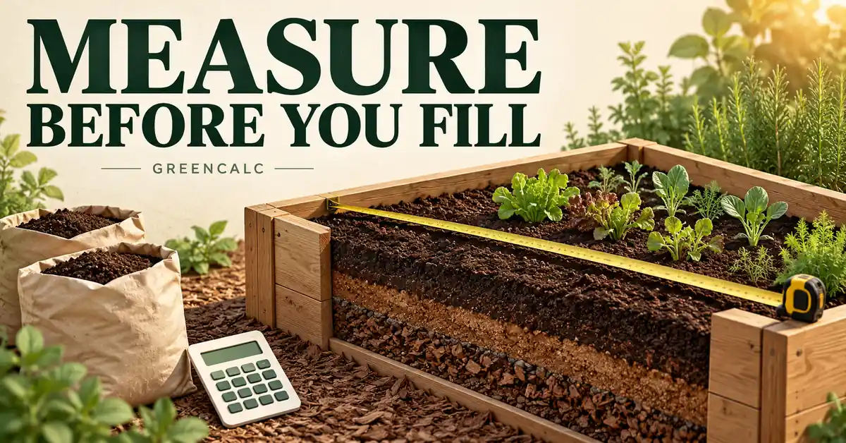 A wooden raised garden bed with soil, seedlings, measuring tape, soil bags and a calculator.