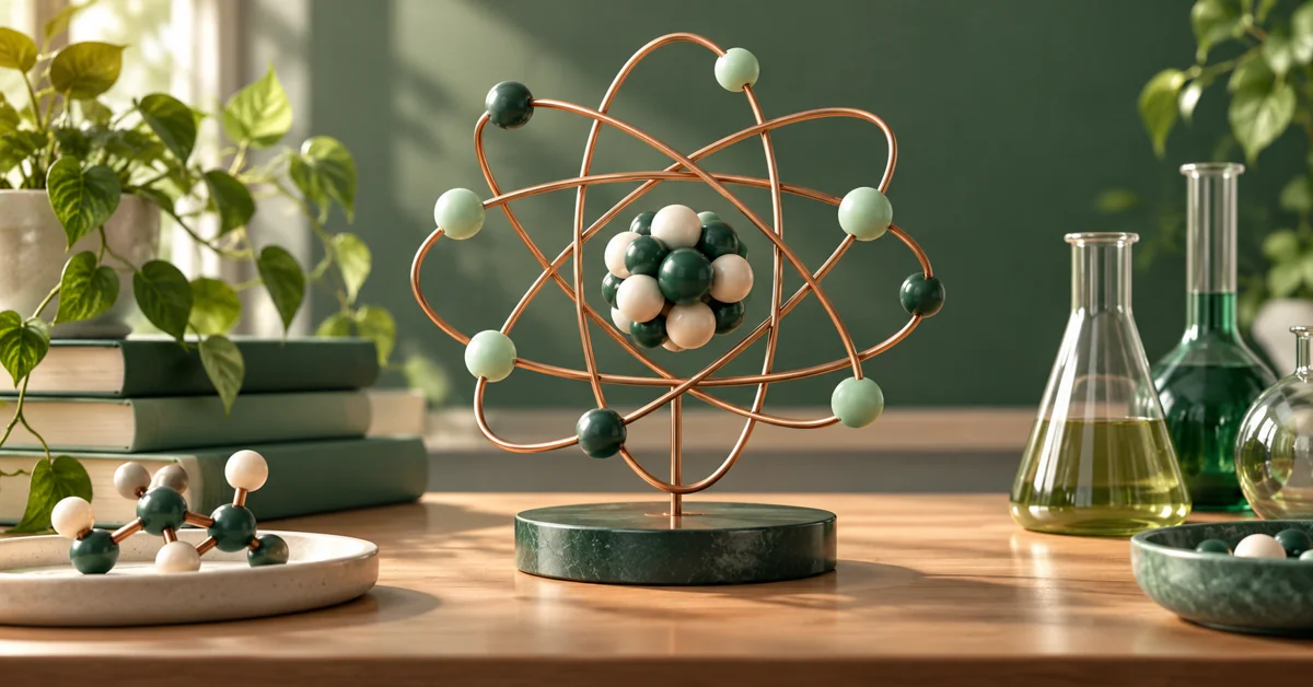 Conceptual model of an atom on an ivory chemistry desk.
