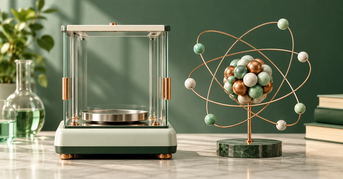 Understanding atomic mass estimates Laboratory balance and conceptual nucleus model illustrating mass measurement.