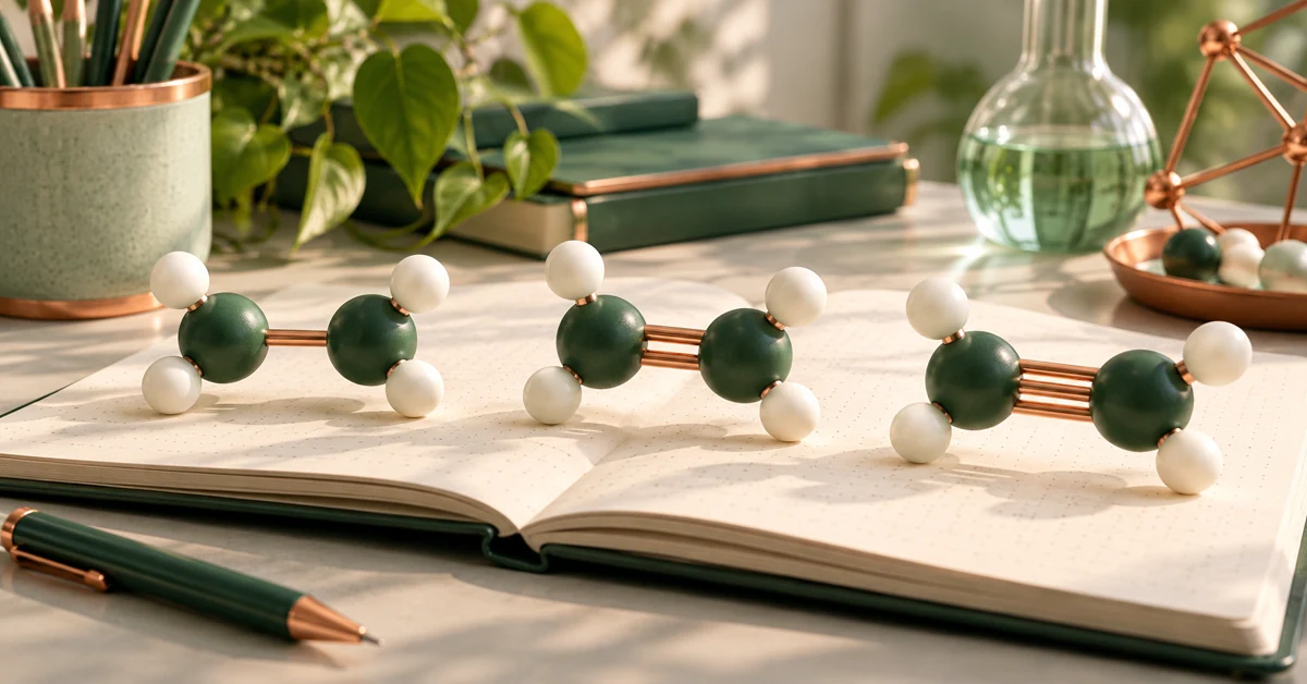 Tactile molecular teaching models arranged on a chemistry notebook.