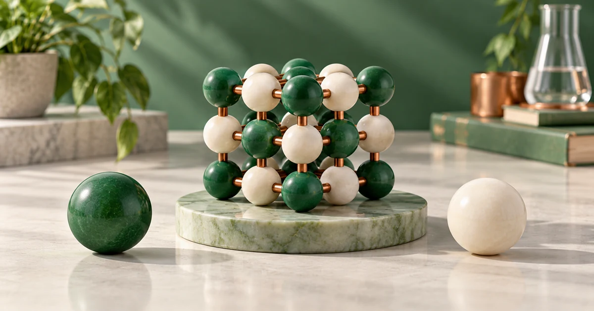 Sodium chloride crystal and conceptual ion tokens on a mint laboratory surface.