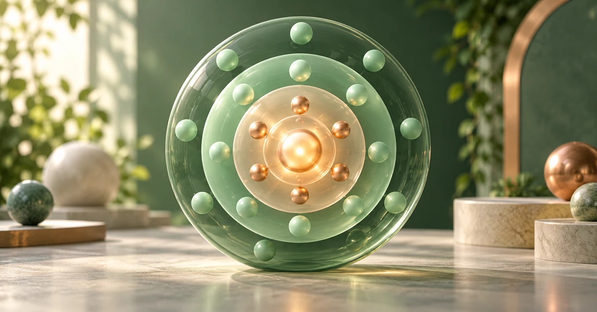 Nested translucent teaching props around a glowing centre, symbolising electron shielding.