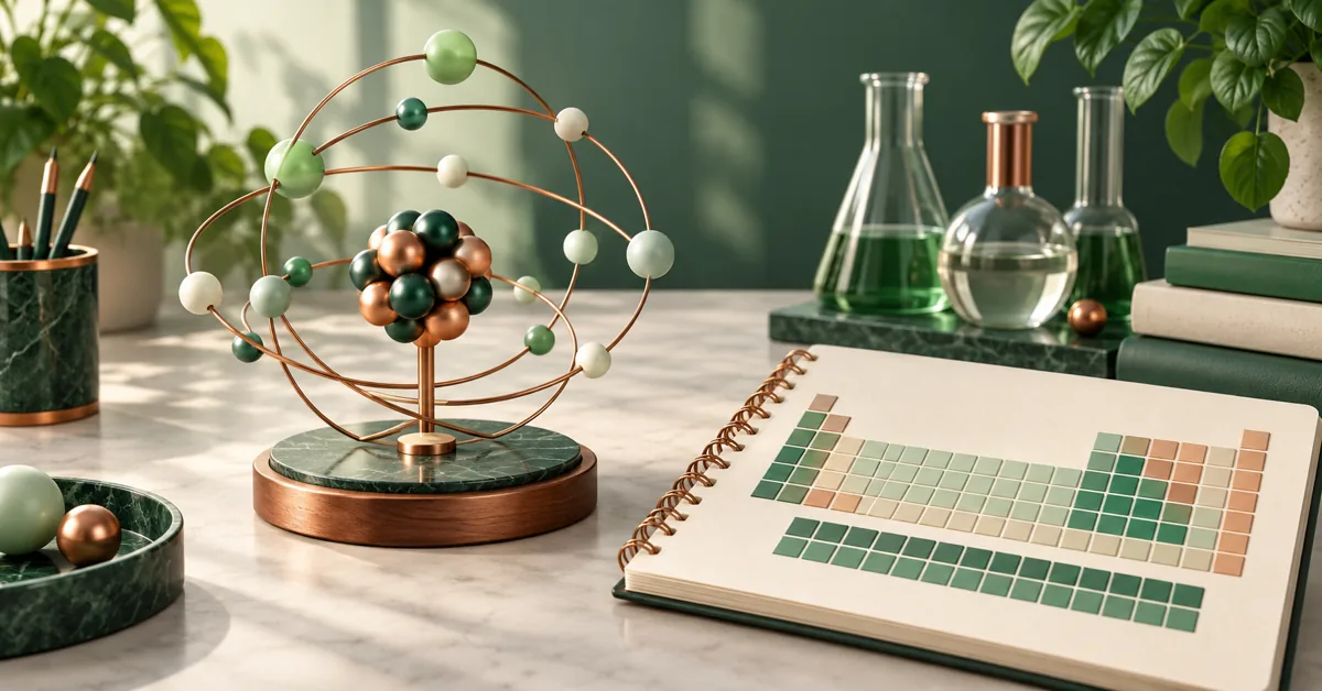 Ground-state electron configurations Orbital teaching sculpture beside a chemistry notebook, shown as a conceptual illustration.