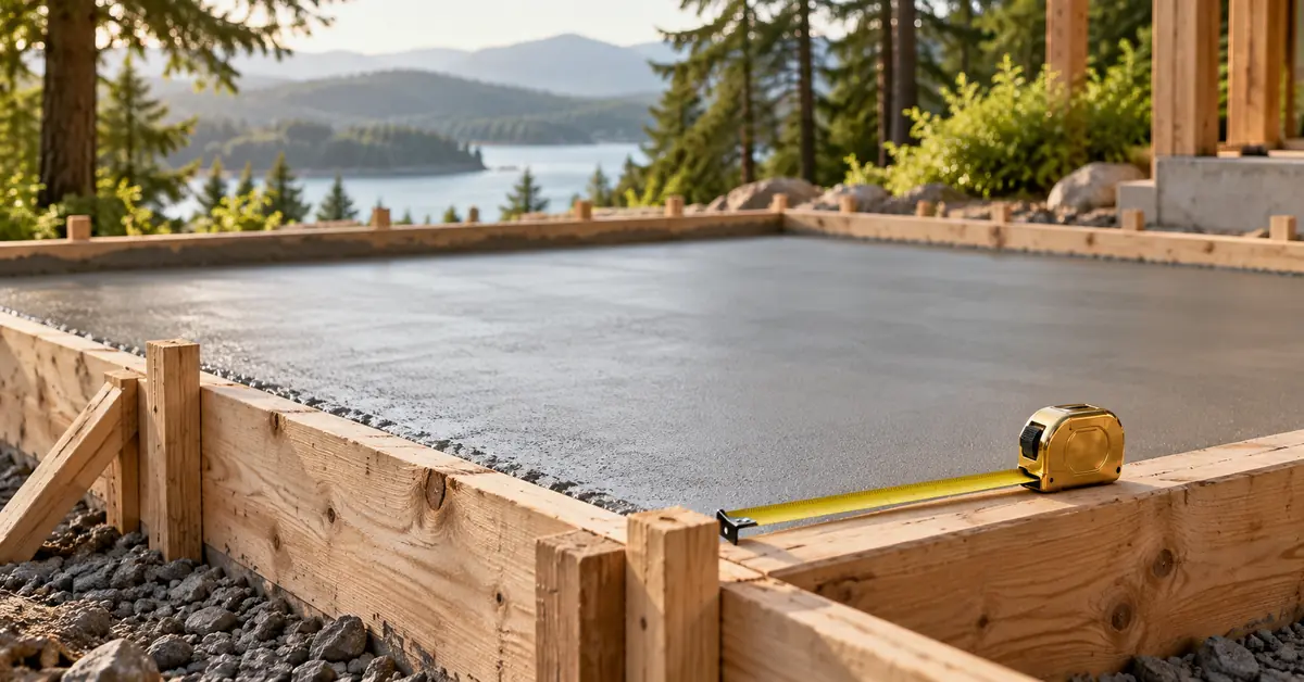 Slab Area and Thickness: A Cubic-Yard Reference You Can Check — editorial illustration Uniform slab form with an unmarked tape measure beside the edge.