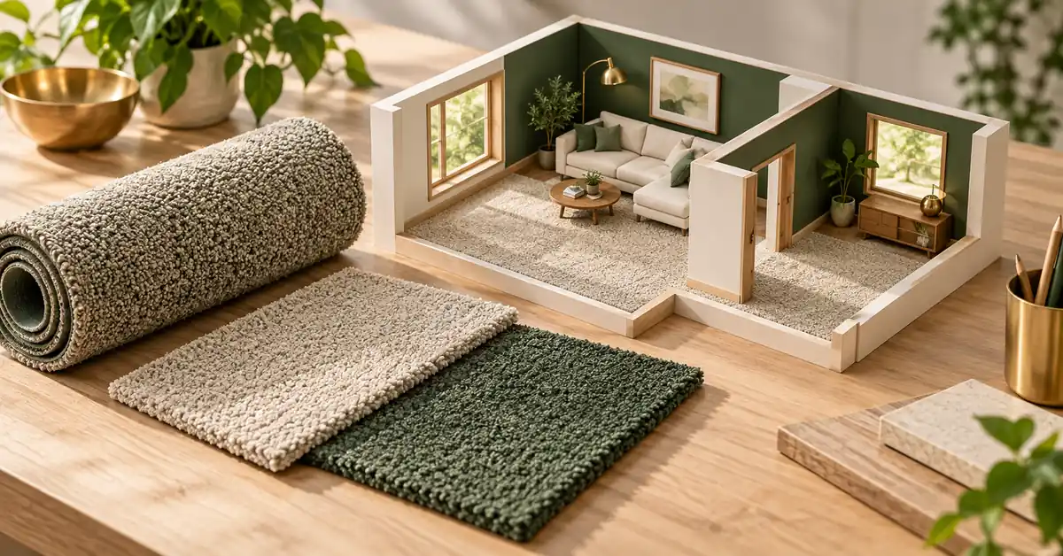 Carpet roll and cut pieces beside an L-shaped room model.