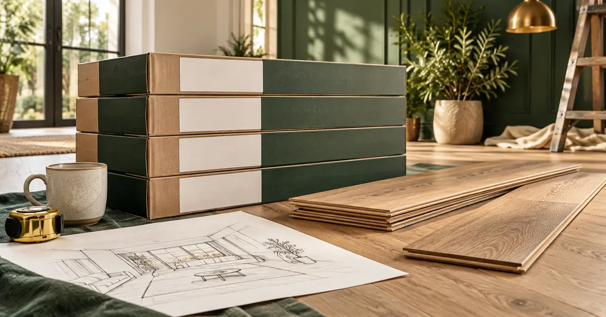 From Net Floor Area to Flooring Cartons: Coverage, Allowance and Rounding — editorial illustration Flooring cartons, loose planks and a room sketch on a worktable.
