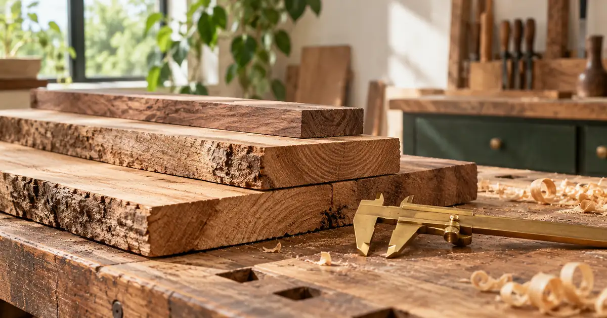 Buying Hardwood by the Board Foot: Rough Thickness, Surfacing and Billing — editorial illustration Rough hardwood boards and a caliper on a joiner’s bench.