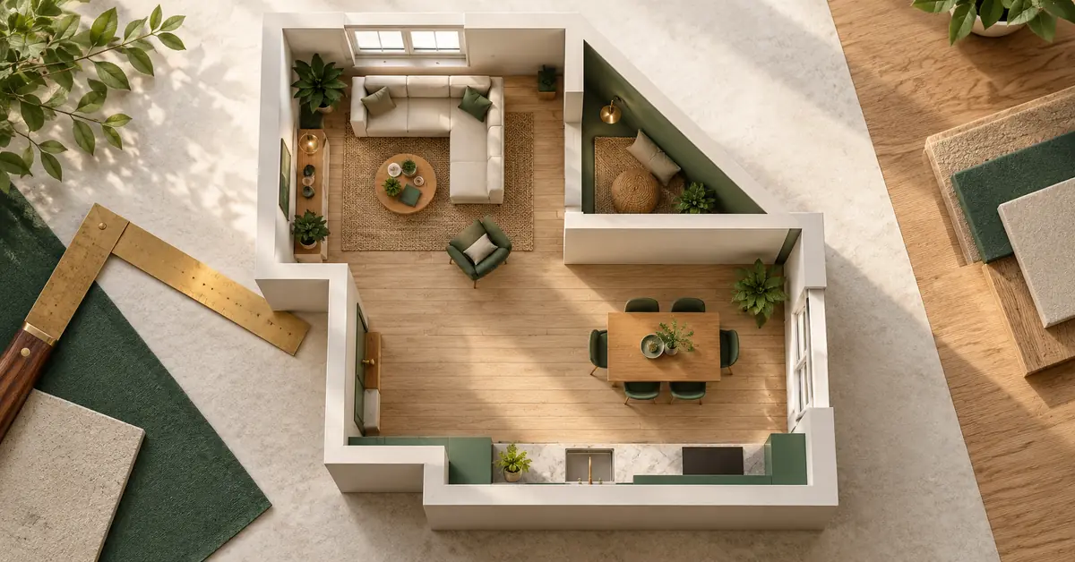 Measure an Irregular Floor: L-Shapes, Alcoves and Cutouts — editorial illustration Top-down model of an irregular room and a carpenter’s square.