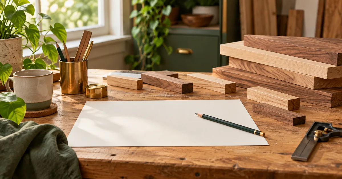 Furniture planning paper, hardwood boards and offcuts on a workbench.