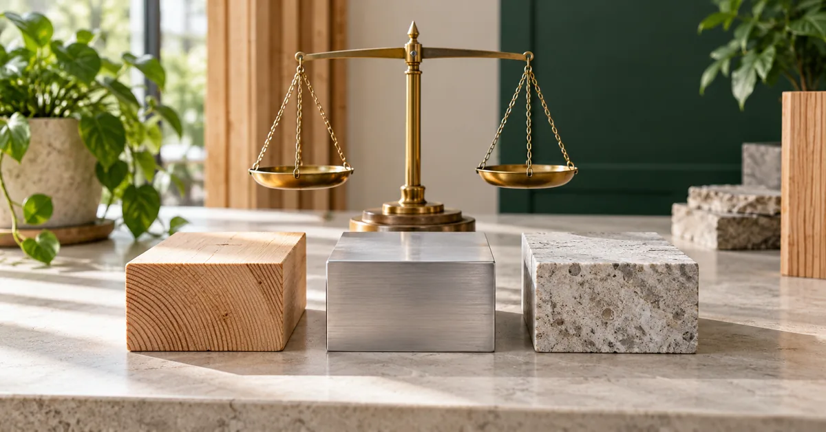 Choose the Right Density for a Solid Rectangular Block — editorial illustration Equal-size timber, aluminium and stone samples beside a balance.