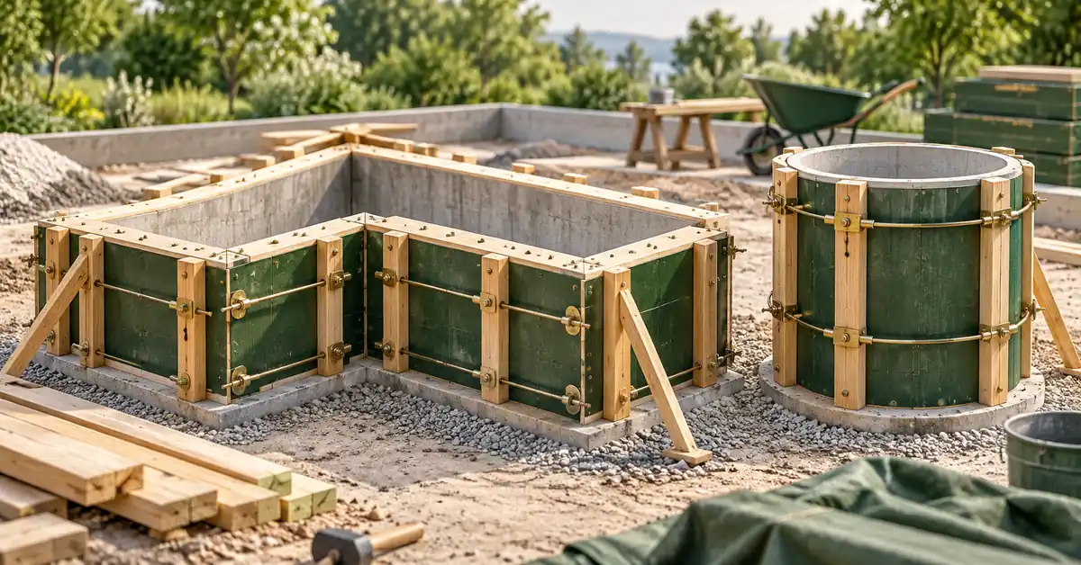 Conceptual L-shaped formwork and a separate round form at a miniature construction site.