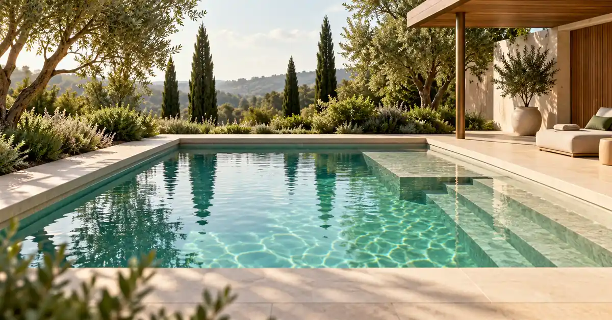 Rectangular swimming pool with a visible waterline and shallow steps.