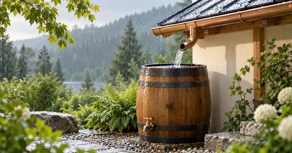 Rainfall Depth to Stored Water: Roof Collection and Loss Factors — editorial illustration Roof gutter directing rain into a collection barrel.