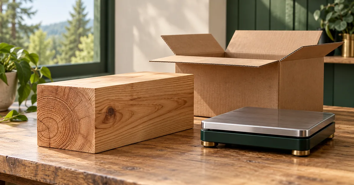 Solid Blocks, Hollow Boxes and Shipping Weight: Three Different Calculations — editorial illustration Solid rectangular timber block beside an empty carton and a shipping scale.
