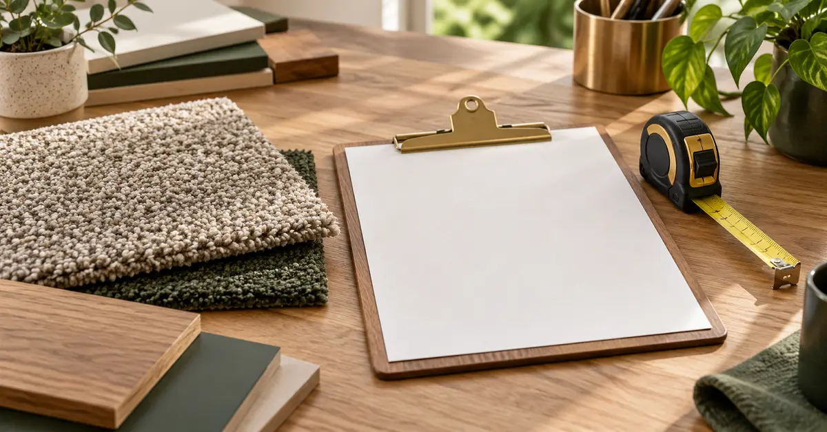 Compare Square-Yard and Square-Foot Prices without a Ninefold Error — editorial illustration Carpet samples, a tape measure and a blank price-quotation sheet.