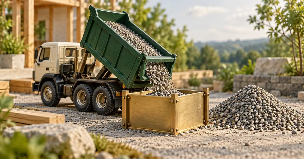Net Volume vs Delivered Volume: Allowance, Settlement and Supplier Rounding — editorial illustration Aggregate delivery beside a gravel pile and a volume container.