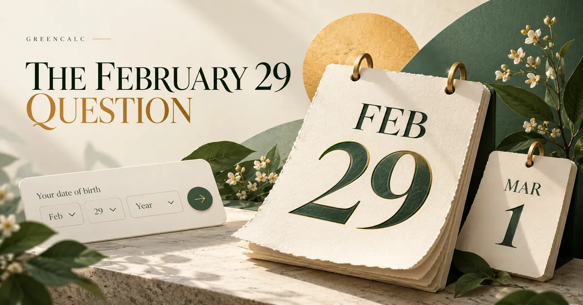 The February 29 question February 29 and March 1 calendar pages beside an illustrated birth-date selector.