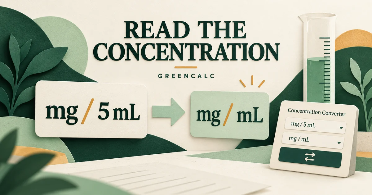 Read the concentration Cards labeled mg per 5 mL and mg per mL beside a laboratory cylinder and illustrated converter.