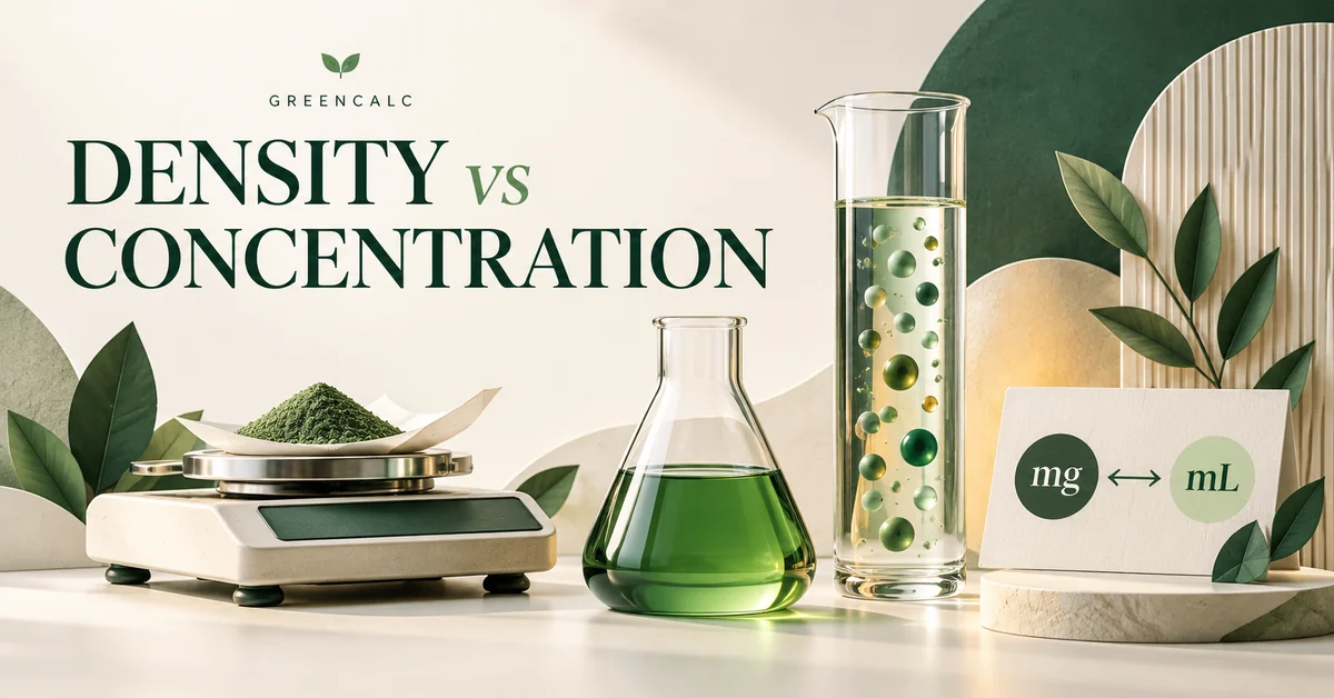 Density vs concentration A balance, green liquid flask and glass cylinder illustrate mass, volume and ingredient concentration.