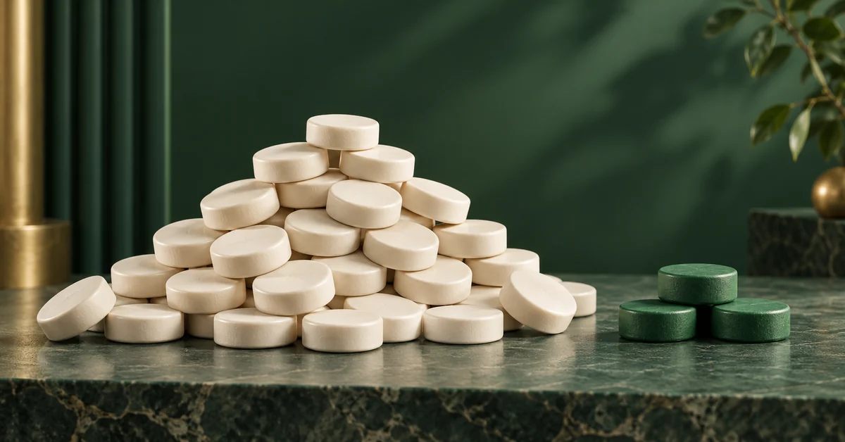 A stack of mostly ivory classification tokens with a small contrasting green group.