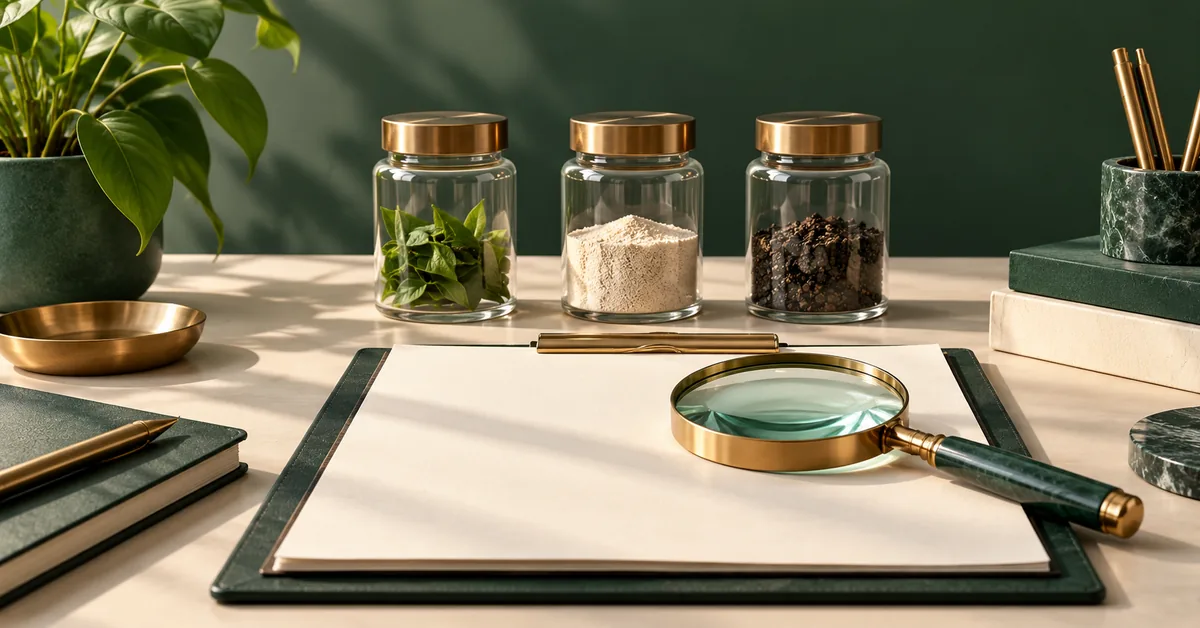 Read an ANOVA Result: P-Value, Effect Size and the Next Comparison — editorial illustration An analyst desk with three sample containers and a magnifying glass over a blank report.