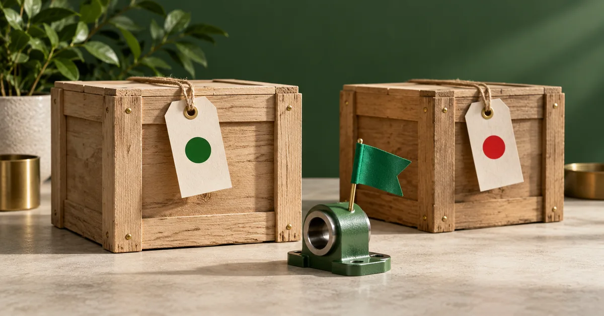 Update a Supplier Defect Probability After an Inspection Flag — editorial illustration Two supplier crates with inspection tags and a small green flagged component.