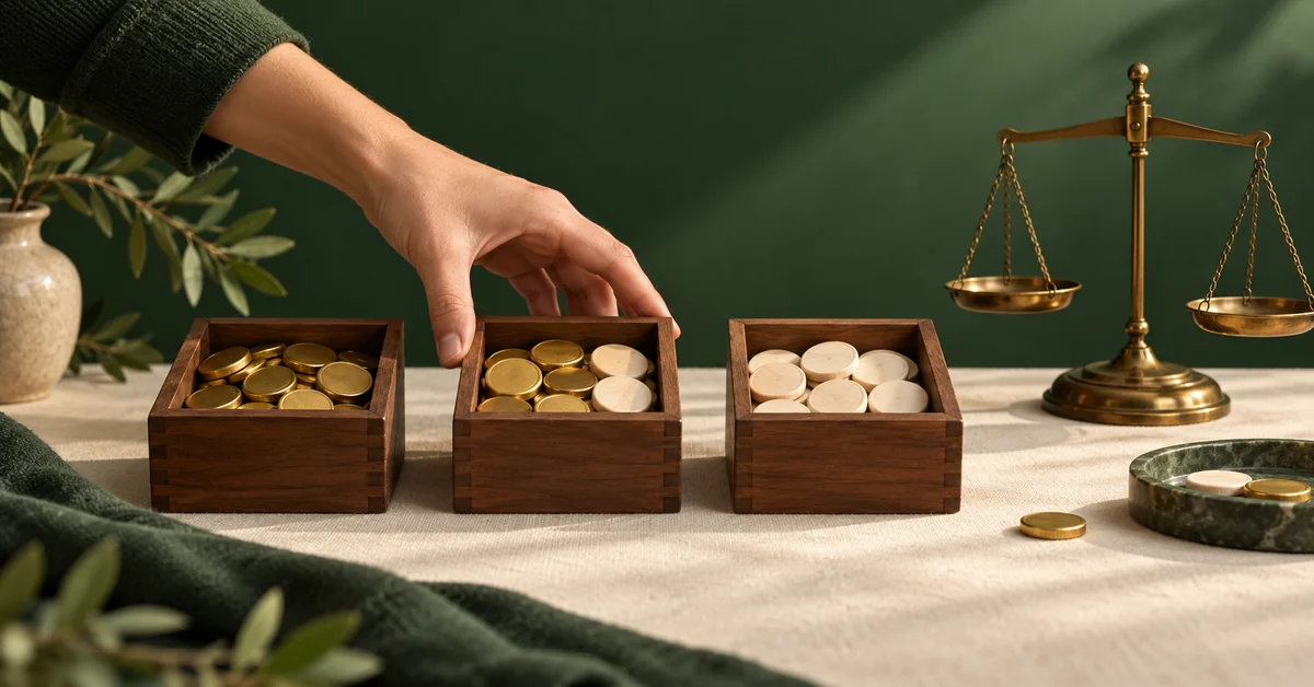 How Biased Box Selection Changes the Two-Thirds Answer — editorial illustration A hand selecting among weighted wooden coin boxes with a balance nearby.