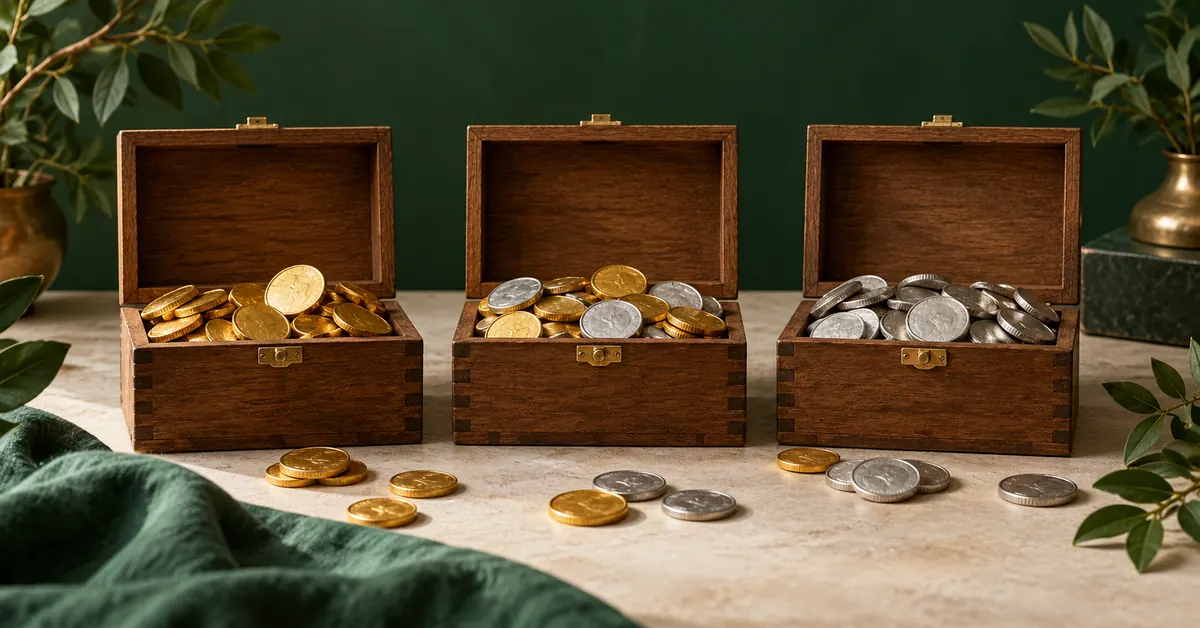 Three open wooden boxes holding conceptual gold and silver coins.