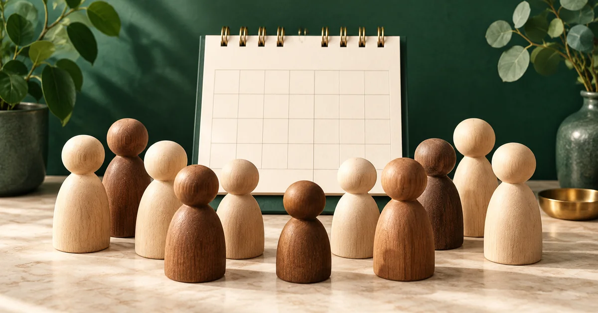A gathering of simple wooden person figures beside an unmarked calendar.