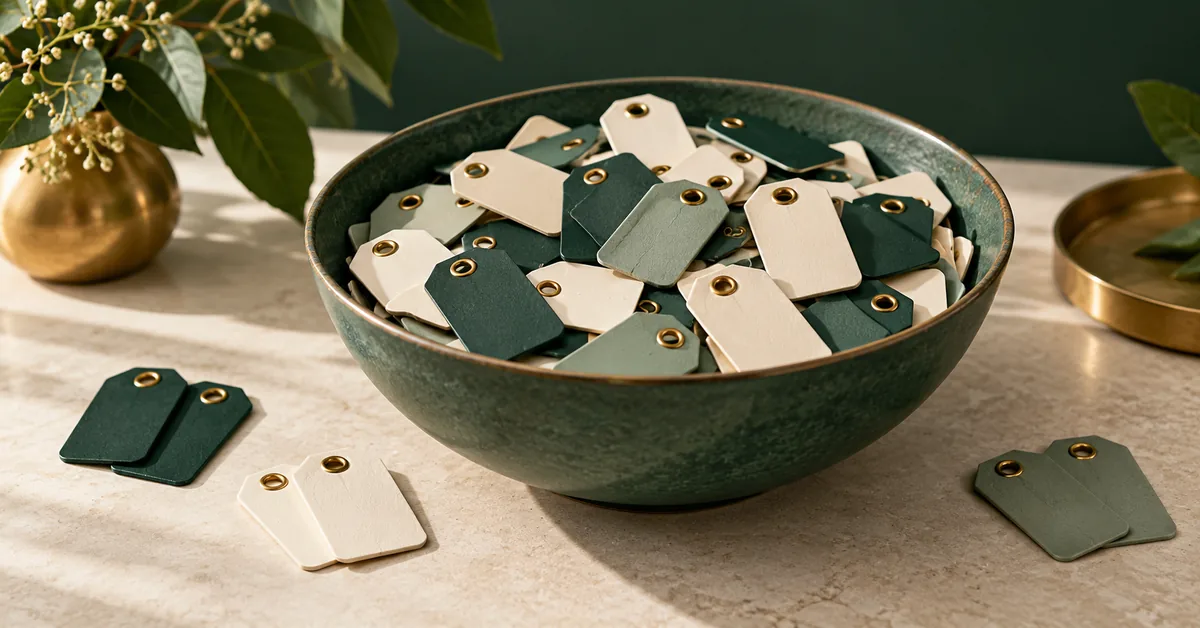 Birthday Collisions in Small Random Identifier Spaces — editorial illustration Small blank identity tags grouped in a bowl with a few matching color pairs.