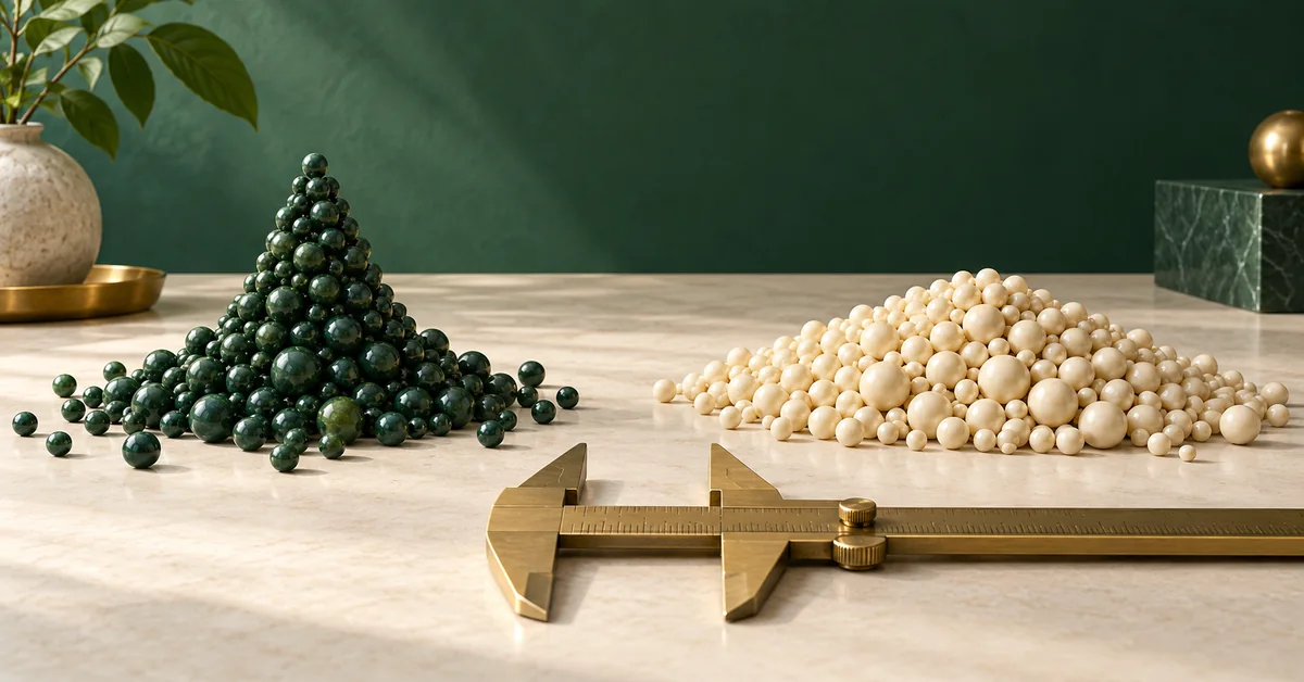 Two differently shaped piles of beads with an open measuring caliper.