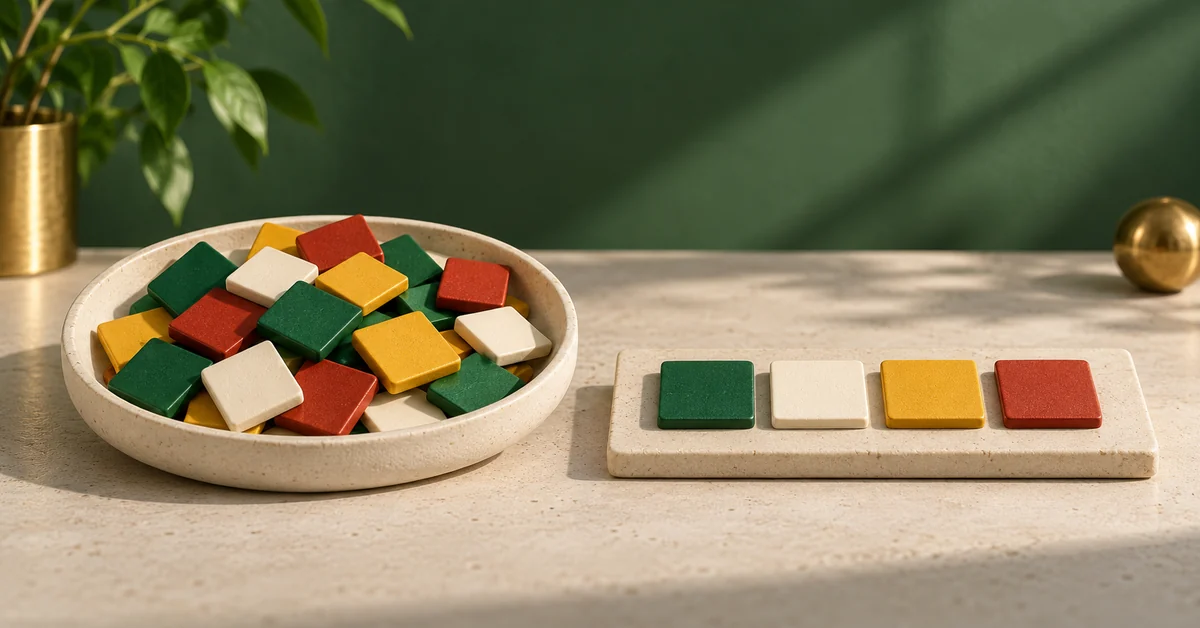 Unordered colored tiles beside a neatly ordered line of the same tiles.