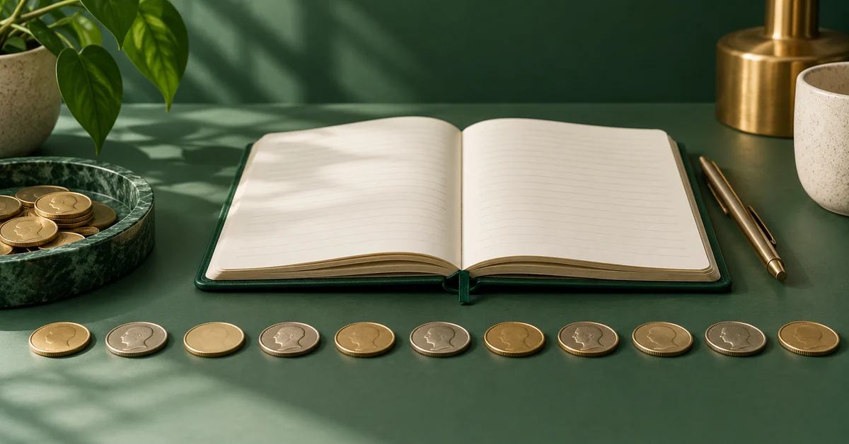 Record a Coin-Flip Experiment Without Cherry-Picking Runs — editorial illustration A notebook and a tidy trail of generic unbranded two-sided coins.