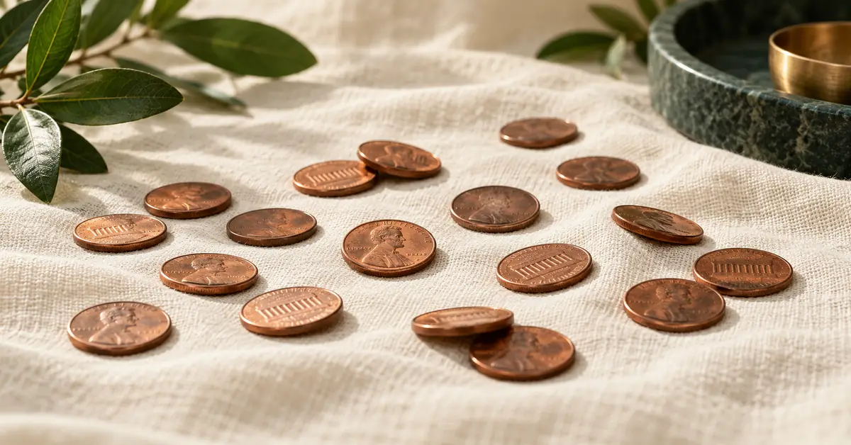 Why a Fair Coin Does Not Alternate or Balance Every Ten Flips — editorial illustration A casual scattered group of generic copper coins on ivory linen.