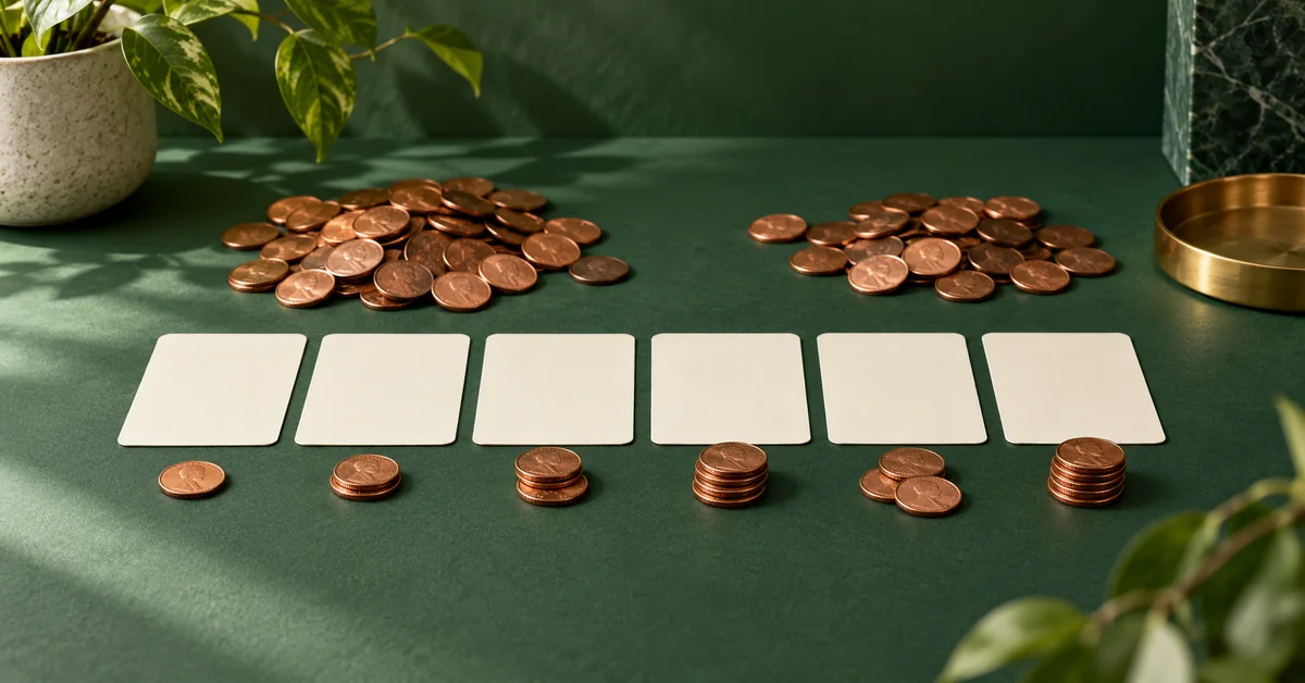 A Head Count Is Not a Fixed Coin Sequence — editorial illustration Blank sequence cards with copper coins arranged beside unordered coin piles.