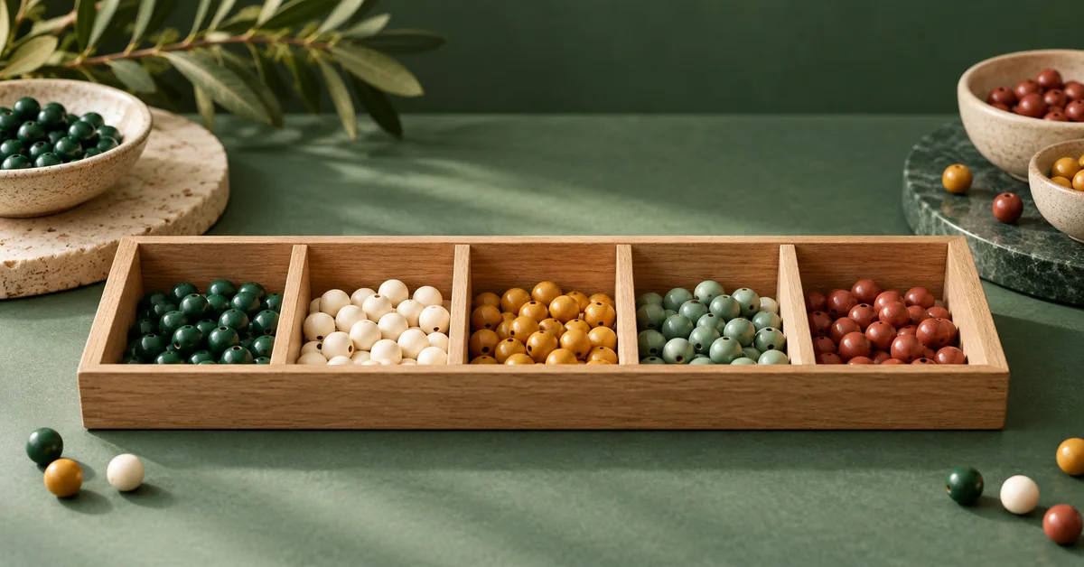 Combinations with Repetition: Types, Totals and Stars and Bars — editorial illustration Small bowls of colored beads separated by simple wooden dividers.
