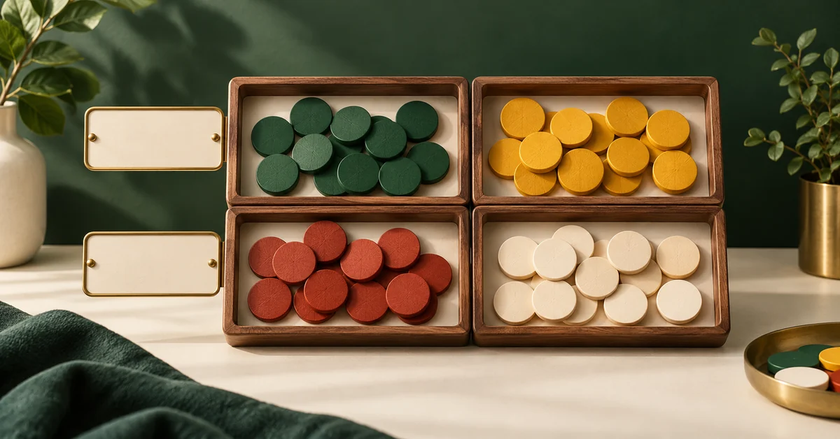 Four trays of sorted colored tokens and blank row labels.