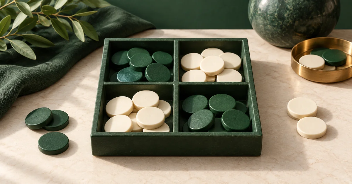 A square four-compartment tray with two colors of sample tokens.