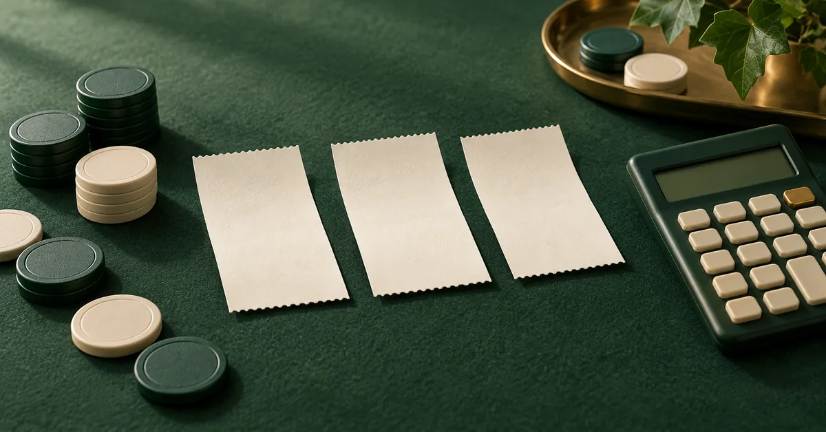 Decimal, Fractional and American Odds: Keep Profit Separate from Return — editorial illustration Three unmarked odds tickets beside generic counters and a simple calculator.