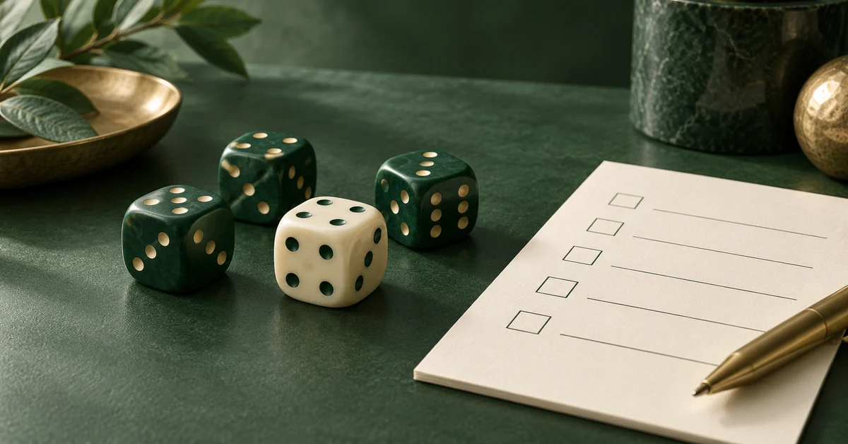 At Least One Chosen Face: Use the Complement — editorial illustration A small group of dice with one contrasting die and a blank checklist.