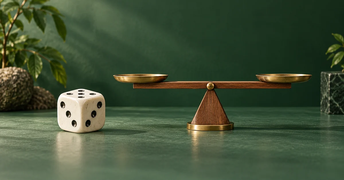 A single generic six-sided die beside a level wooden balance.