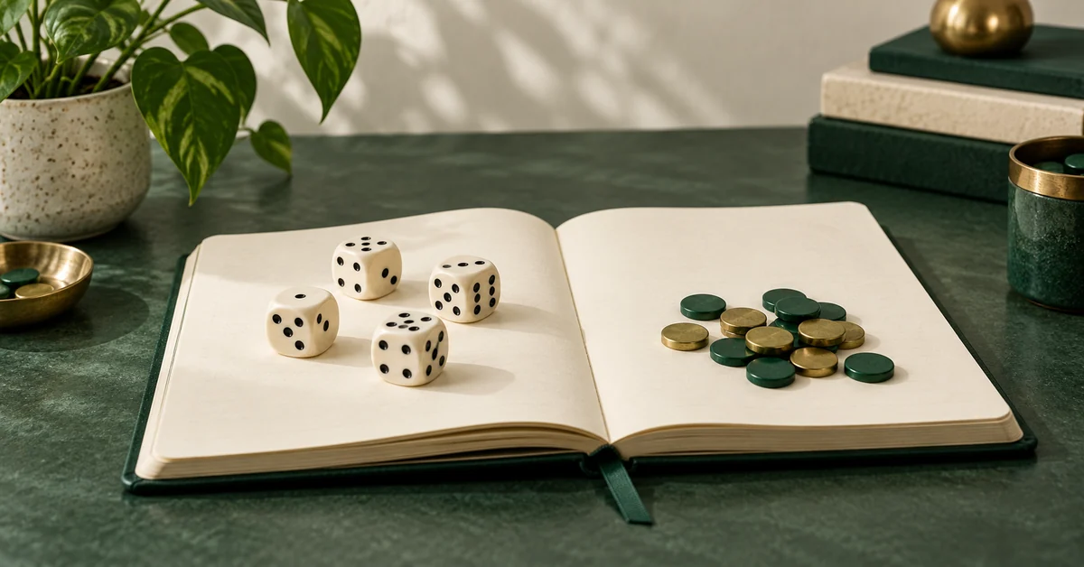 An open notebook with generic dice and a small pile of recorded counters.