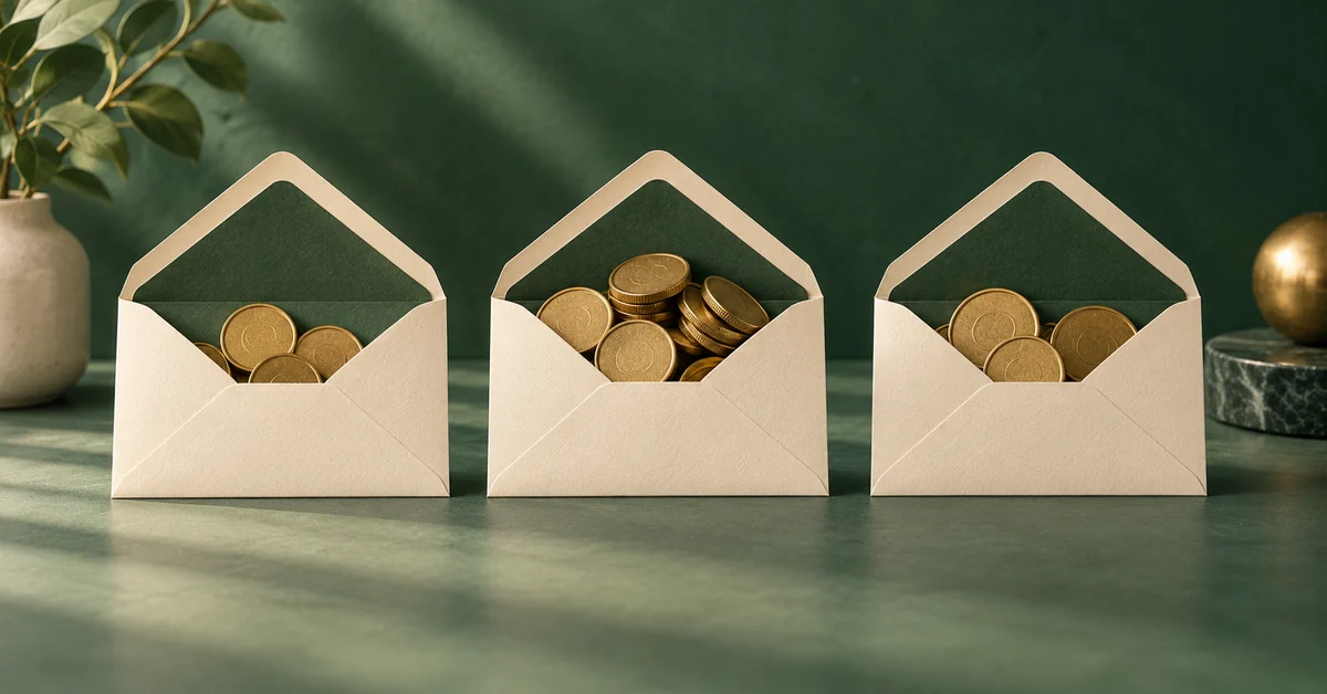 Three open envelopes with different groups of generic coin tokens.