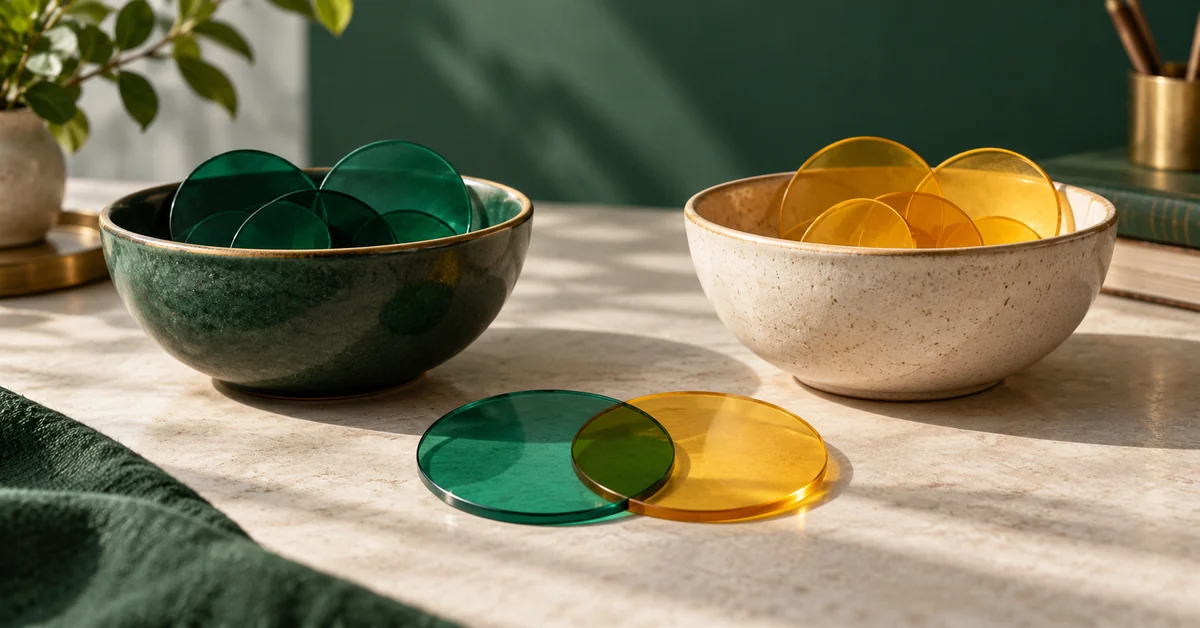 Two separate bowls and overlapping transparent colored disks on a desk.