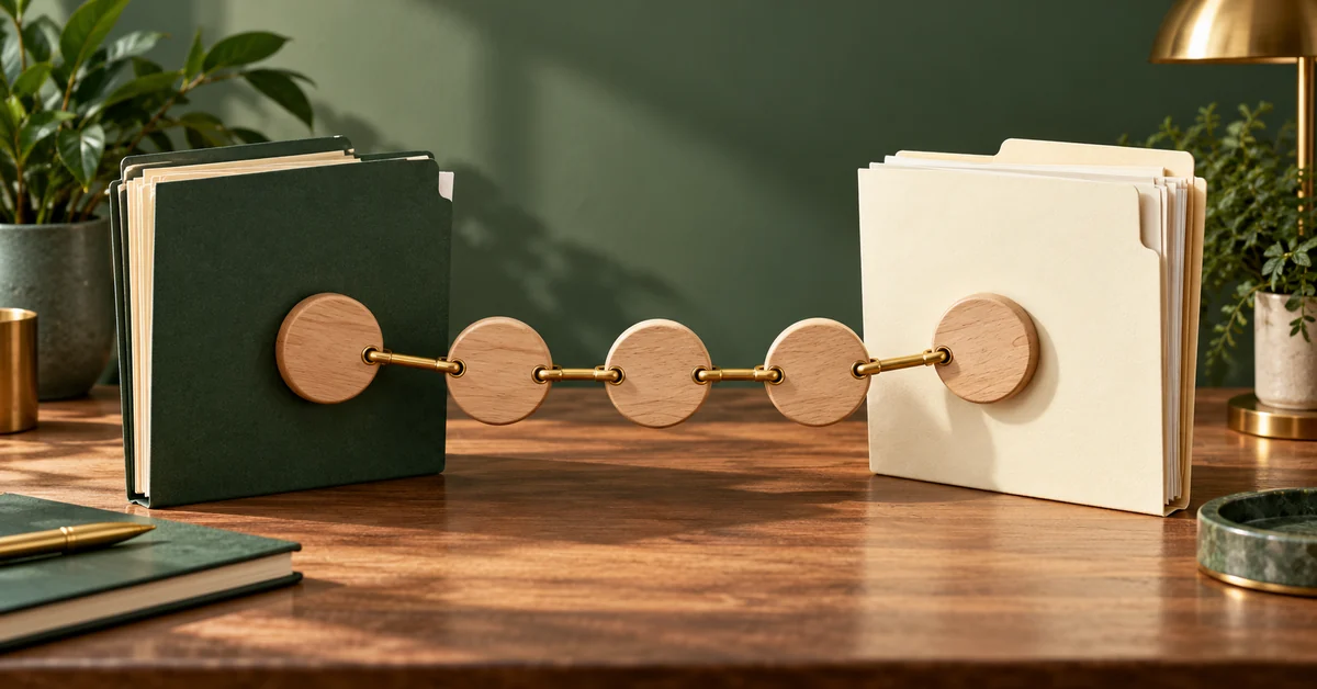 Likelihood Ratios and Sequential Evidence: When Can You Multiply? — editorial illustration Two evidence folders and connected wooden tokens on a quiet desk.